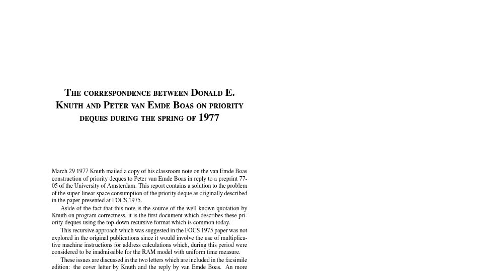 Screenshot of staff.fnwi.uva.nl: Donald E. Knuth and Peter van Emde Boas on priority deques (1977) [pdf]