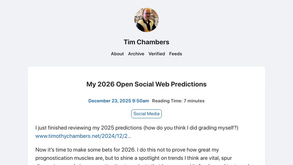 Screenshot of timothychambers.net: My 2026 Open Social Web Predictions