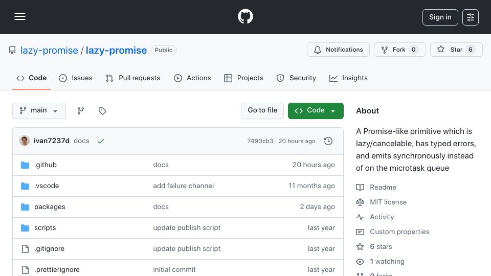 Screenshot of github.com: Show HN: LazyPromise = Observable – Signals