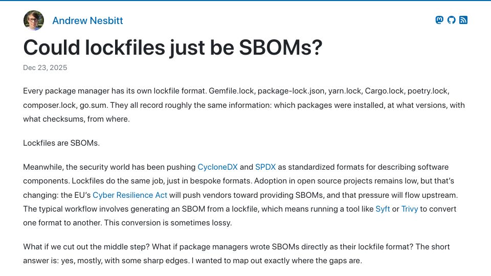 Screenshot of nesbitt.io: Could lockfiles just be SBOMs?