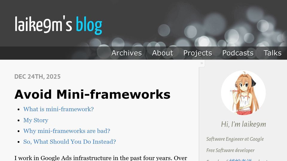 Screenshot of laike9m.com: Avoid Mini-Frameworks