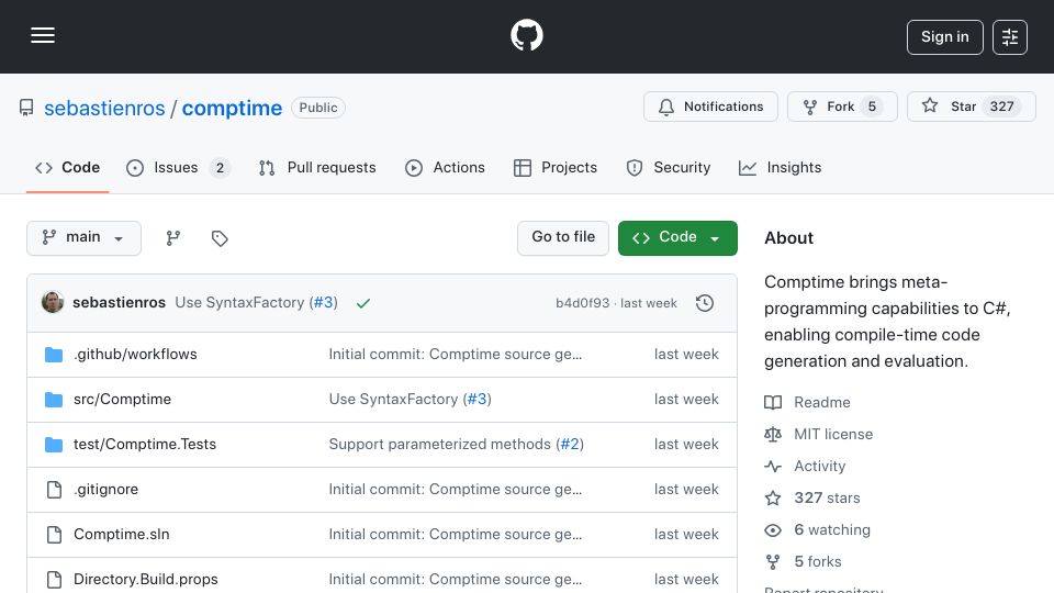 Screenshot of github.com: Comptime – C# meta-programming with compile-time code generation and evaluation