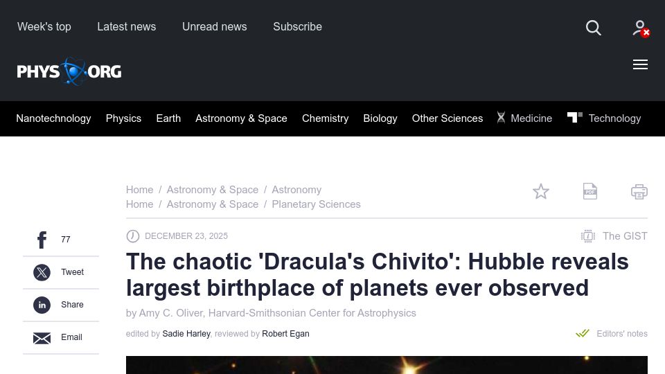 Screenshot of phys.org: 'Dracula's Chivito': Hubble reveals largest birthplace of planets ever observed