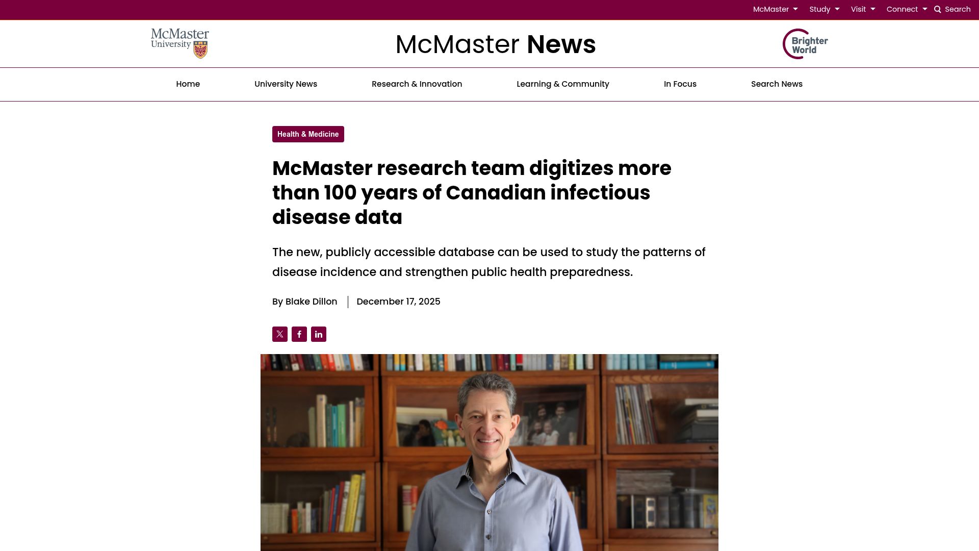 Screenshot of news.mcmaster.ca: Research team digitizes more than 100 years of Canadian infectious disease data