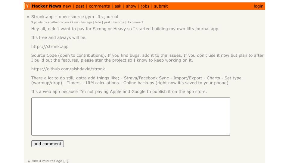 Screenshot of Hacker News post: Stronk.app – open-source gym lifts journal