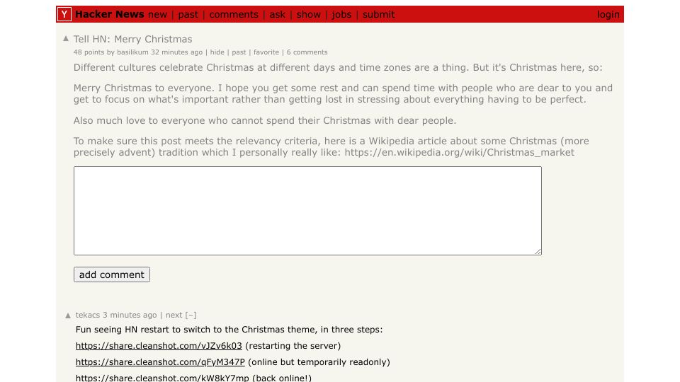Screenshot of Hacker News post: Tell HN: Merry Christmas