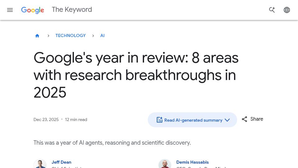 Screenshot of blog.google: Google's year in review: areas with research breakthroughs in 2025