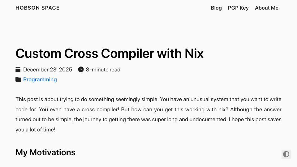 Screenshot of hobson.space: Custom Cross Compiler with Nix