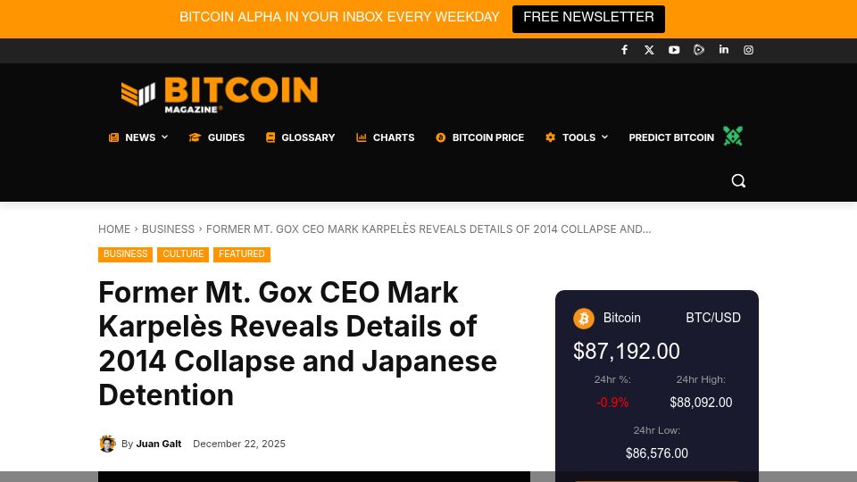 Screenshot of bitcoinmagazine.com: Mt. Gox CEO Karpelès Reveals Details of 2014 Collapse and Japanese Detention