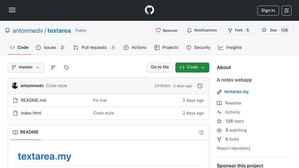 Screenshot of github.com: Show HN: Minimalist editor that lives in browser, stores everything in the URL