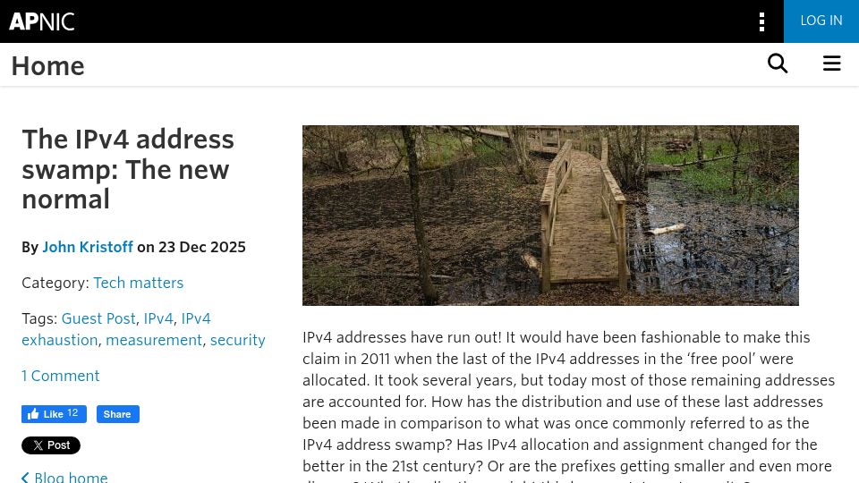 Screenshot of blog.apnic.net: The IPv4 address swamp: The new normal