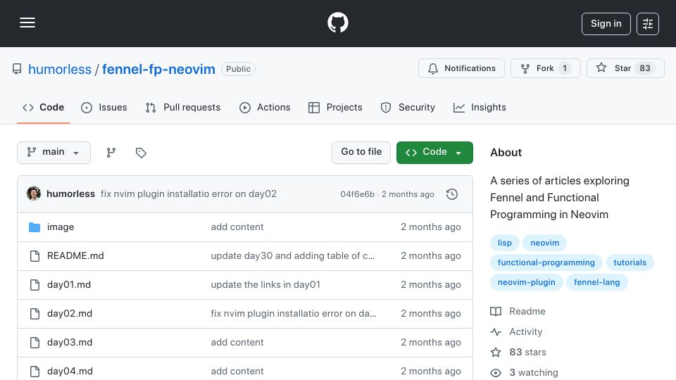 Screenshot of github.com: Learn Lisp/Fennel Programming Against Neovim
