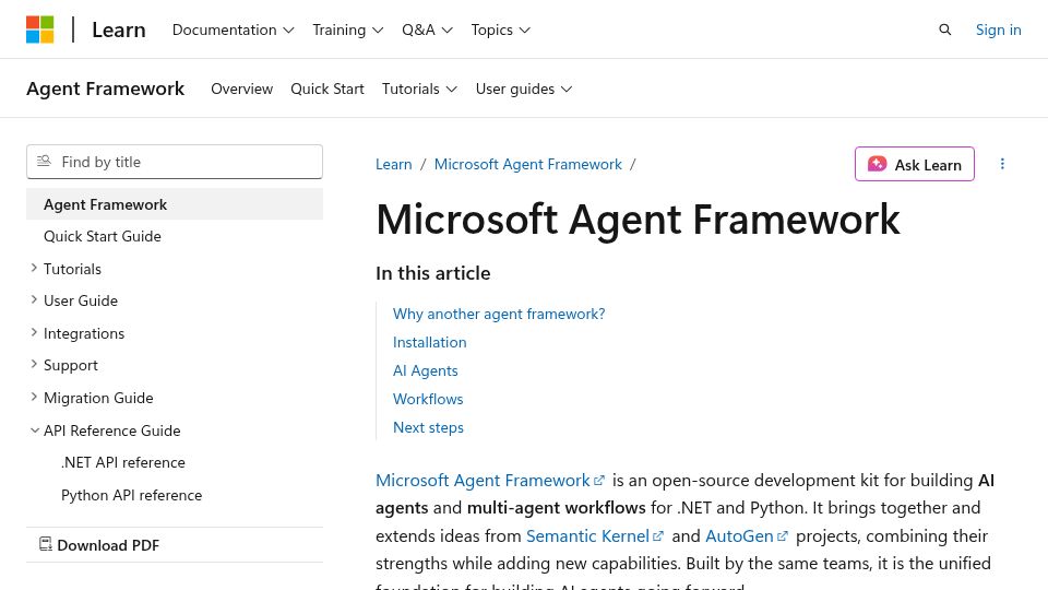 Screenshot of learn.microsoft.com: Microsoft Agent Framework