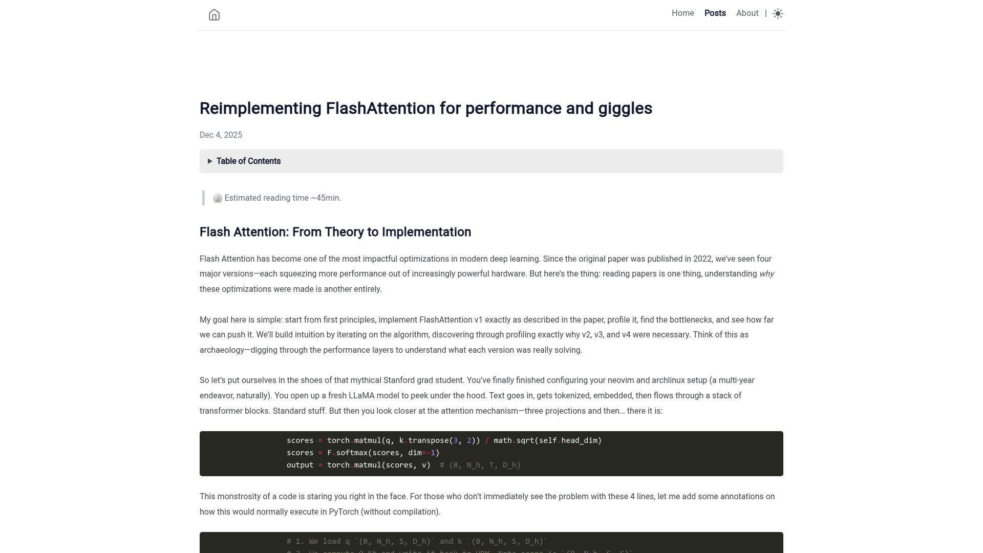 Screenshot of aminediro.com: I rebuilt FlashAttention in Triton to understand the performance archaeology
