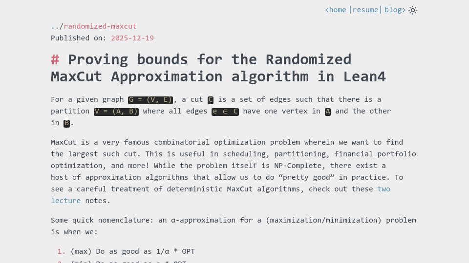 Screenshot of abhamra.com: Proving Bounds for the Randomized MaxCut Approximation Algorithm in Lean4