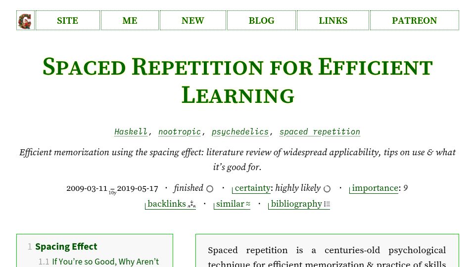 Screenshot of gwern.net: Spaced repetition for efficient learning (2019)