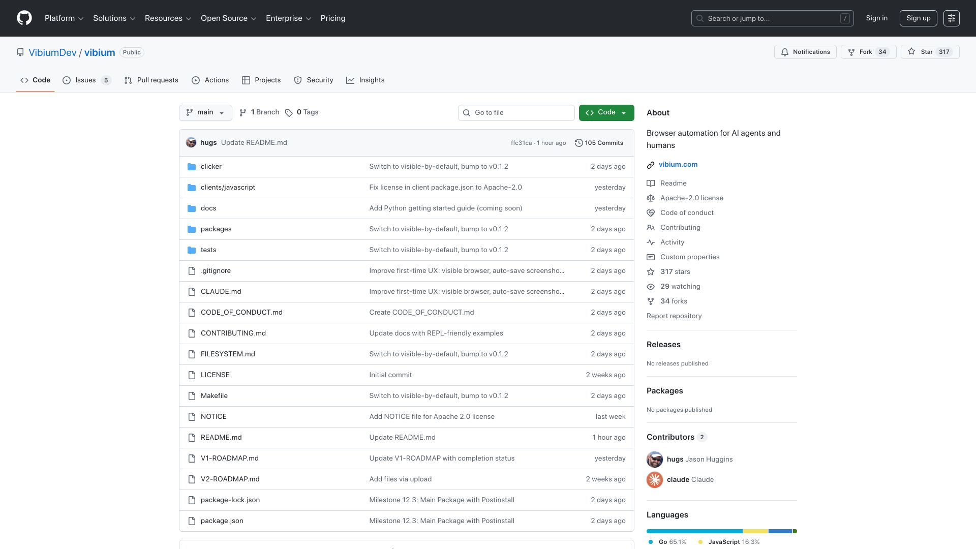 Screenshot of github.com: Show HN: Vibium – Browser automation for AI and humans, by Selenium's creator