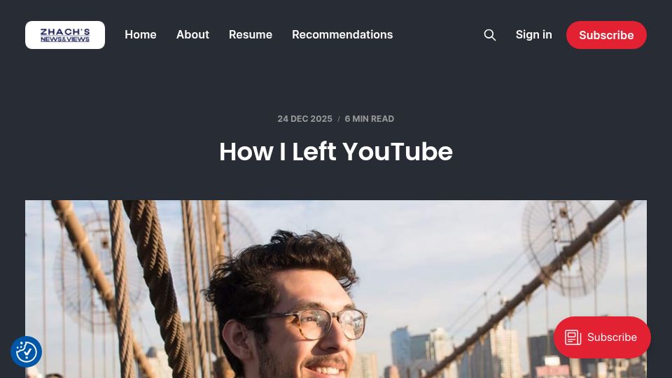 Screenshot of zhach.news: How I Left YouTube
