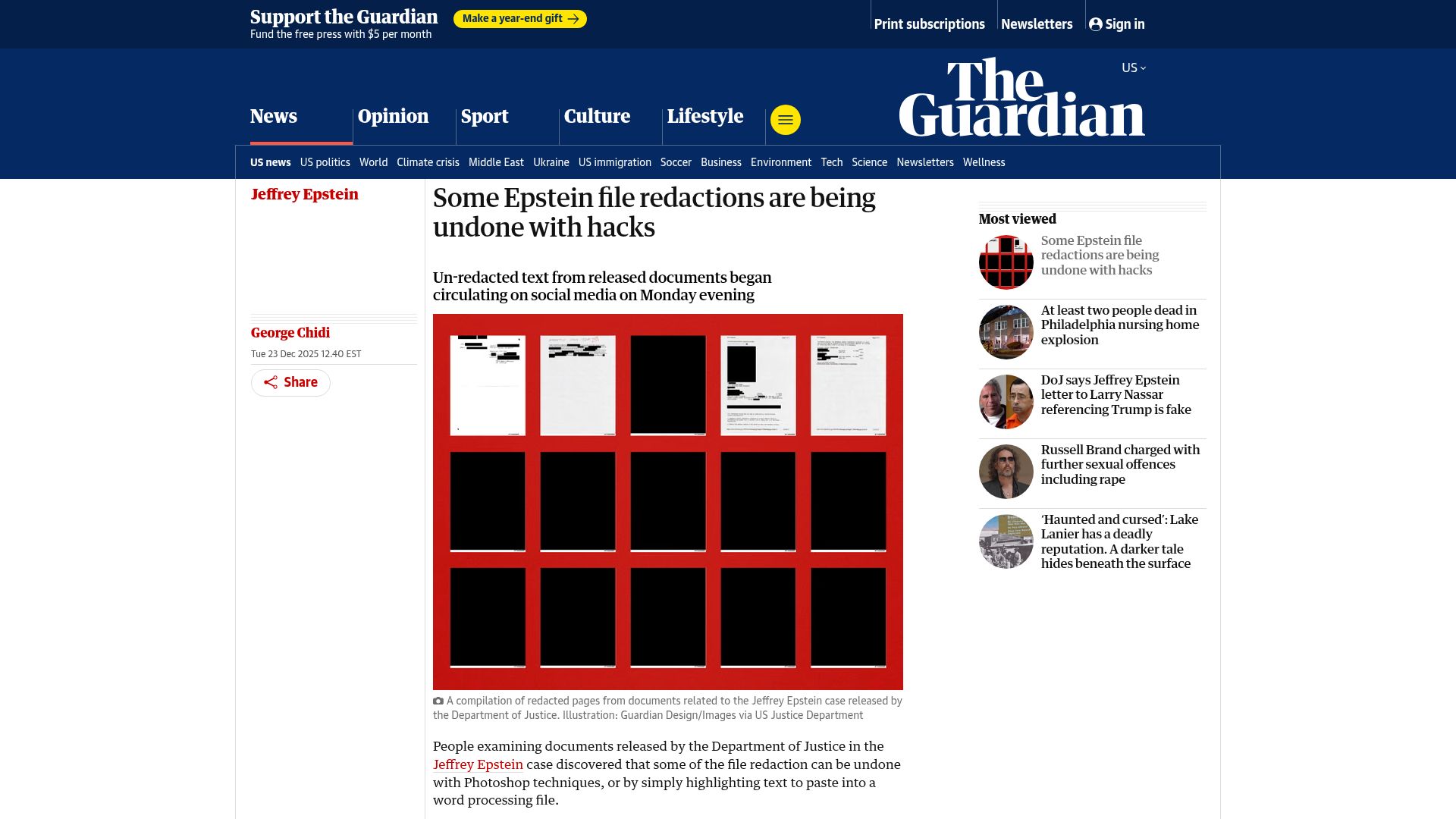 Screenshot of theguardian.com: Some Epstein file redactions are being undone