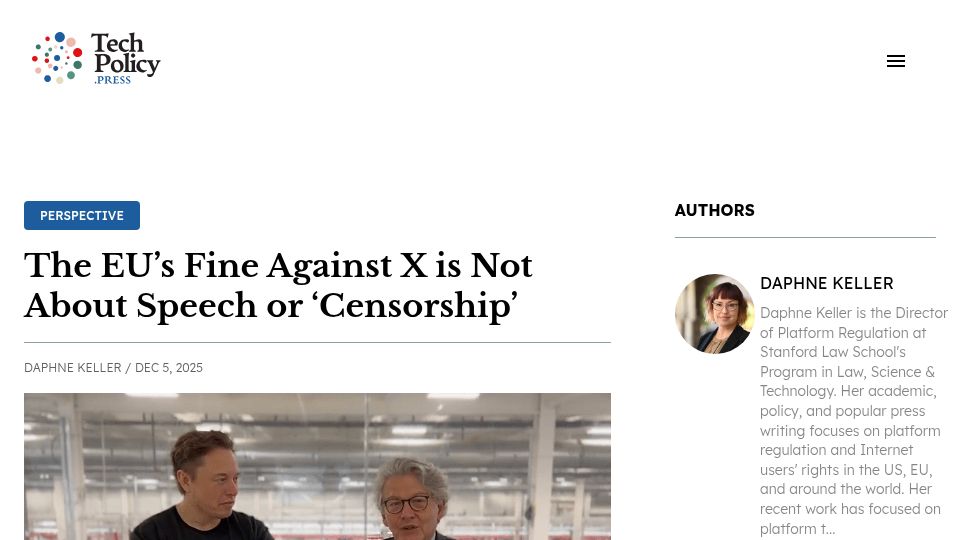 Screenshot of techpolicy.press: The EU's Fine Against X Is Not About Speech or 'Censorship'