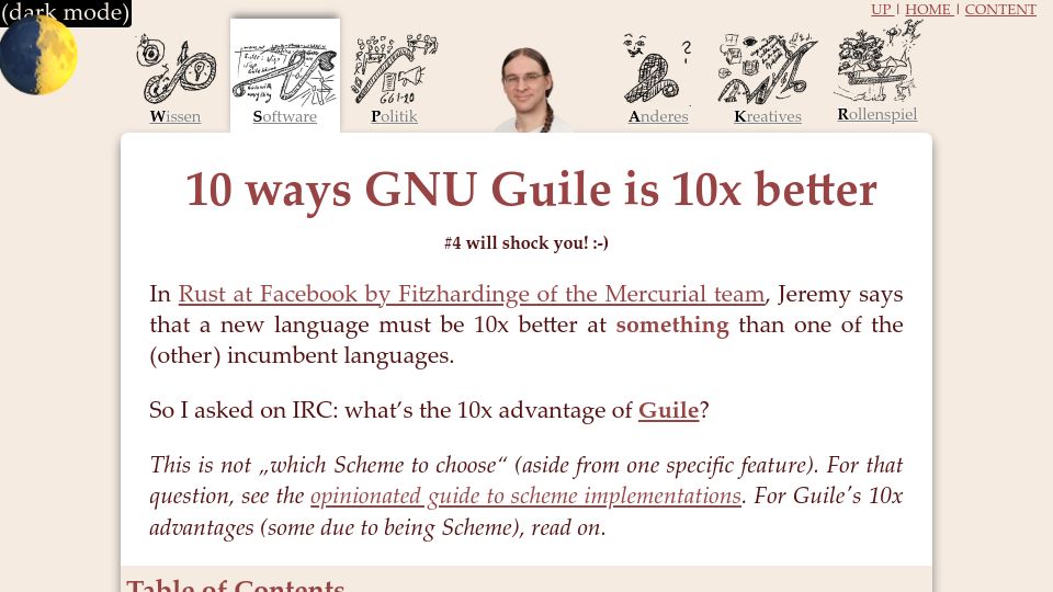 Screenshot of draketo.de: How GNU Guile is 10x better (2021)