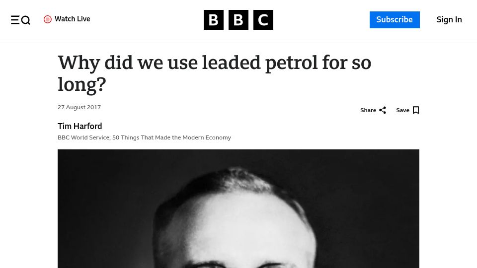 Screenshot of bbc.com: Why did we use leaded petrol for so long? (2017)