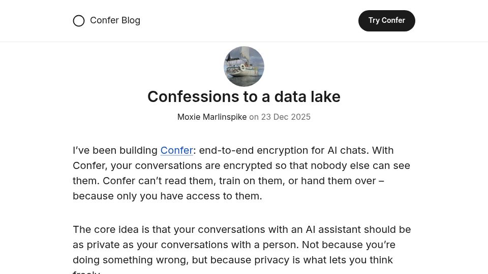 Screenshot of confer.to: Confessions to a Data Lake