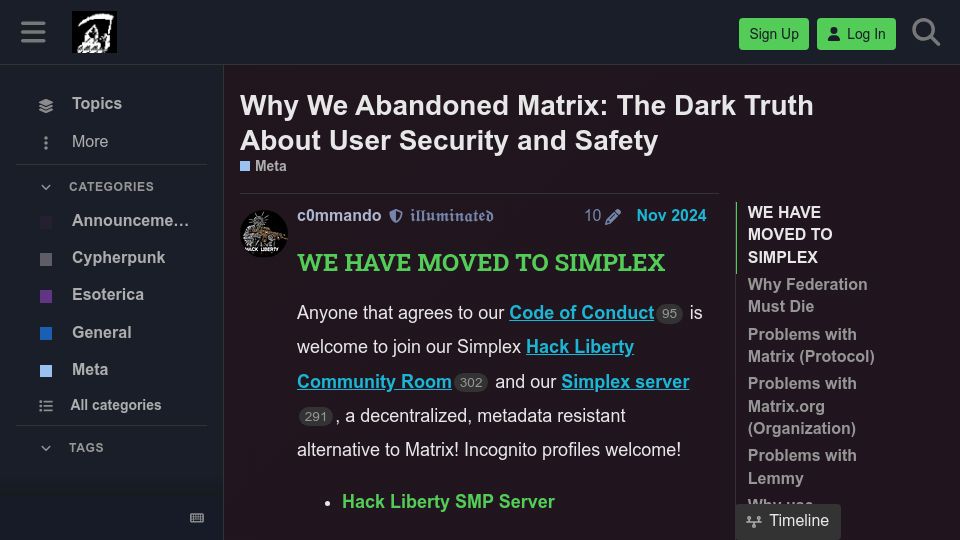 Screenshot of forum.hackliberty.org: Why We Abandoned Matrix (2024)