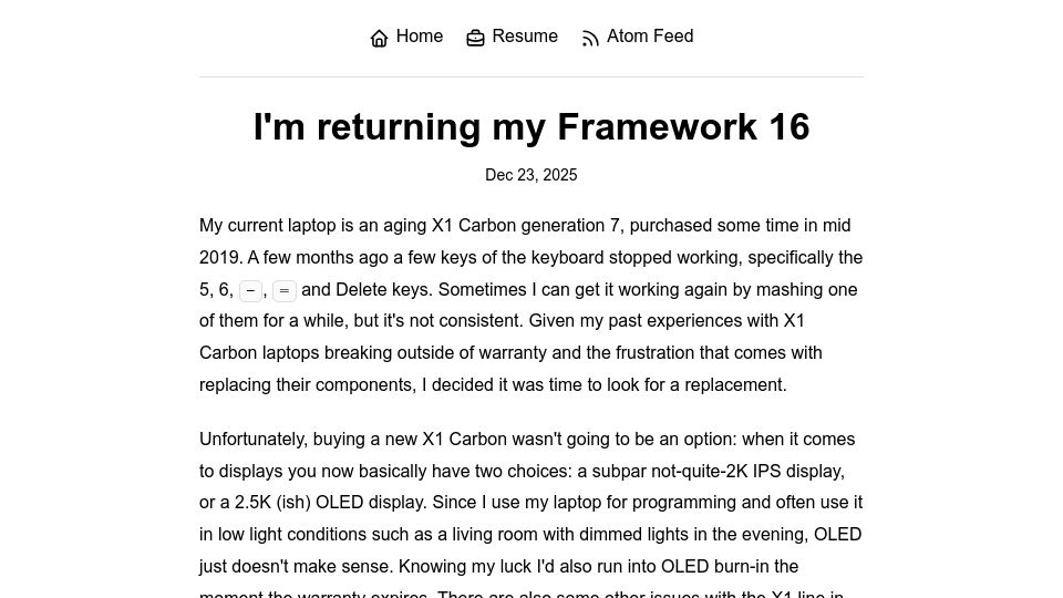 Screenshot of yorickpeterse.com: I'm returning my Framework 16