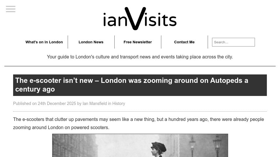 Screenshot of ianvisits.co.uk: The e-scooter isn't new – London was zooming around on Autopeds a century ago