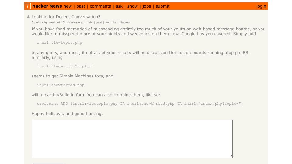 Screenshot of Hacker News post: Looking for Decent Conversation?