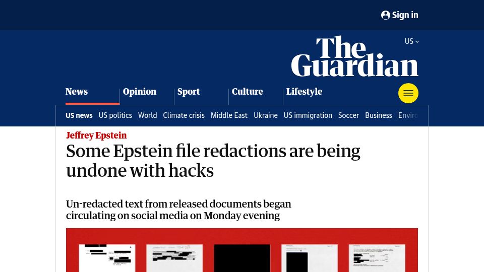 Screenshot of theguardian.com: Some Epstein file redactions are being undone