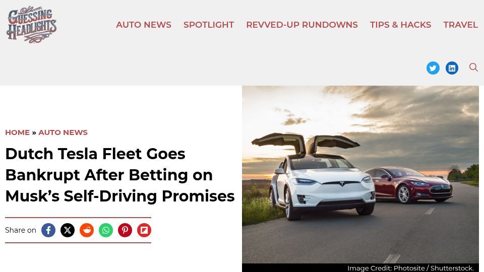 Screenshot of guessingheadlights.com: Dutch Tesla Fleet Goes Bankrupt After Betting on Musk's Self-Driving Promises