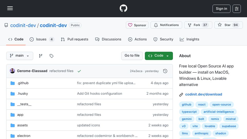 Screenshot of github.com: Show HN: CodinIT, local open-source Lovable alternative (Electron desktop app)