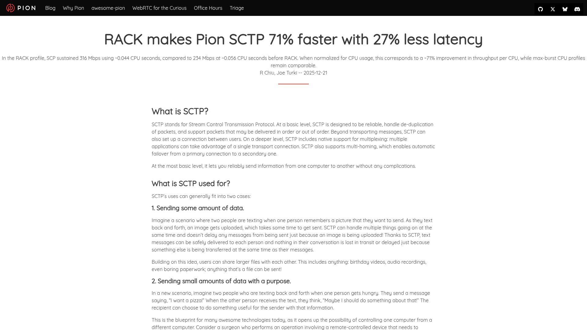 Screenshot of pion.ly: Rack makes Pion SCTP 71% faster with 27% less latency