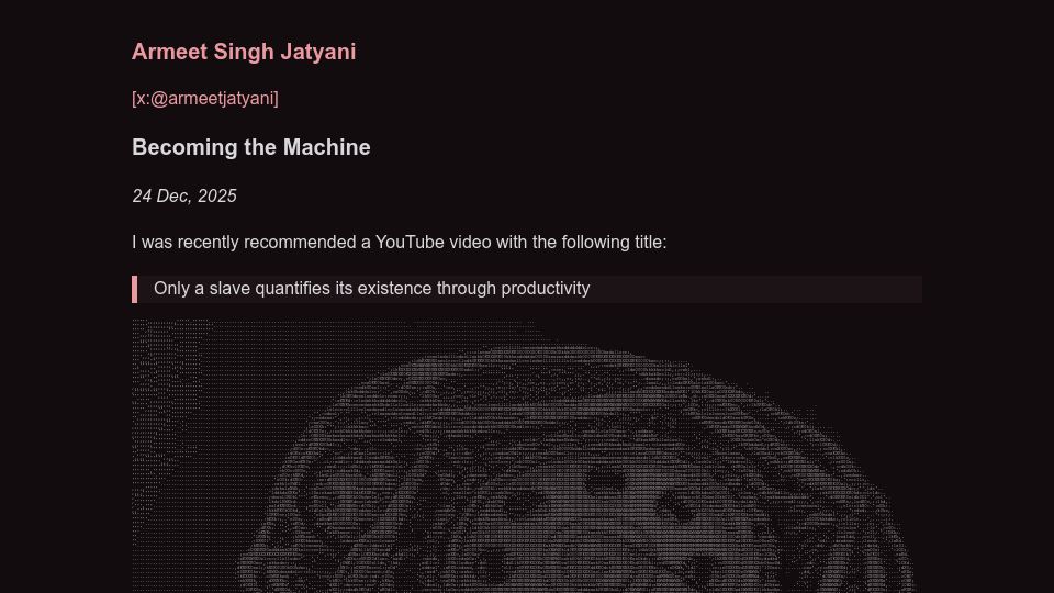 Screenshot of armeet.bearblog.dev: Don't Become the Machine