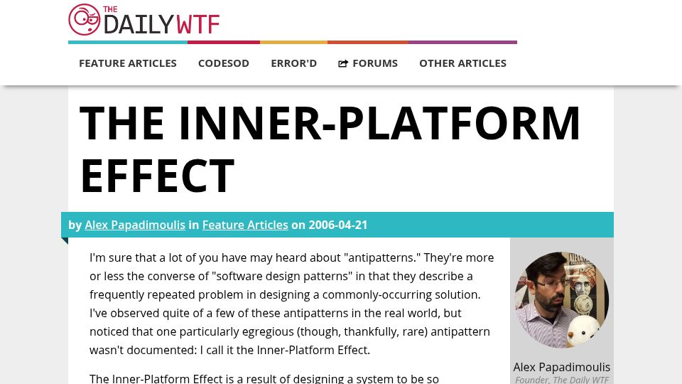 Screenshot of thedailywtf.com: The Inner-Platform Effect (2006)