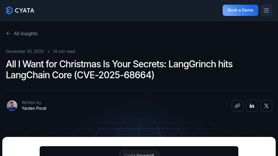 Screenshot of cyata.ai: Critical vulnerability in LangChain – CVE-2025-68664