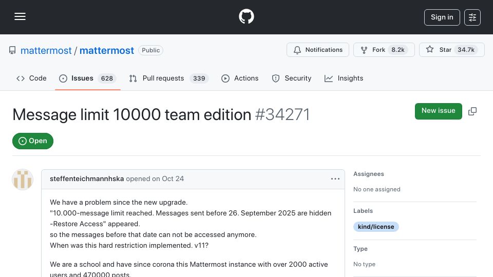 Screenshot of github.com: Mattermost restricted access to old messages after 10000 limit is reached