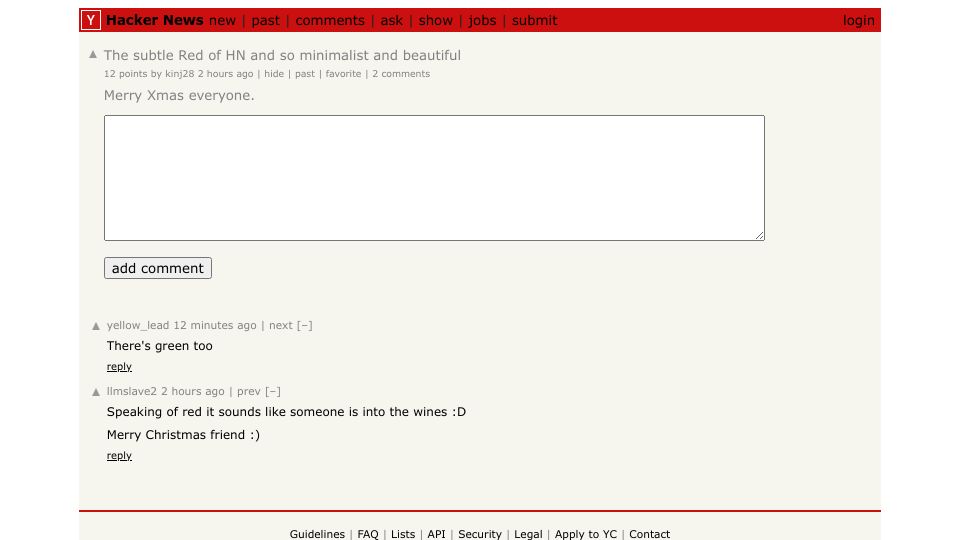 Screenshot of Hacker News post: The subtle Red of HN and so minimalist and beautiful