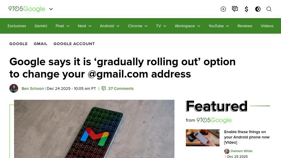 Screenshot of 9to5google.com: Google is 'gradually rolling out' option to change your gmail.com address