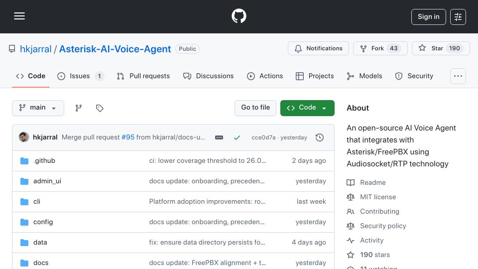 Screenshot of github.com: Asterisk AI Voice Agent