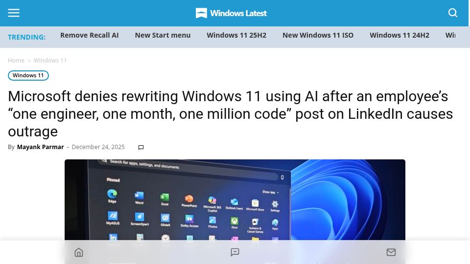 Screenshot of windowslatest.com: Microsoft denies rewriting Windows 11 in Rust using AI