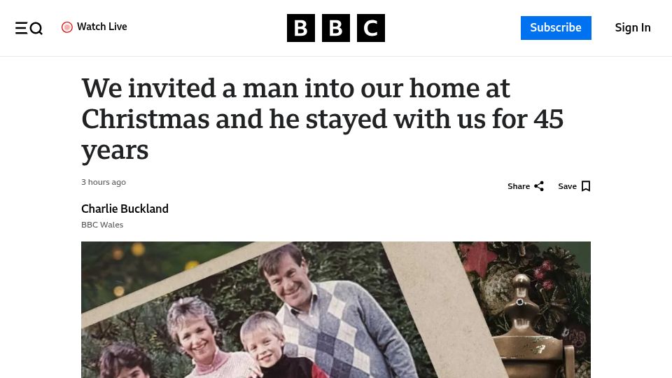 Screenshot of bbc.co.uk: We invited a man into our home at Christmas and he stayed with us for 45 years