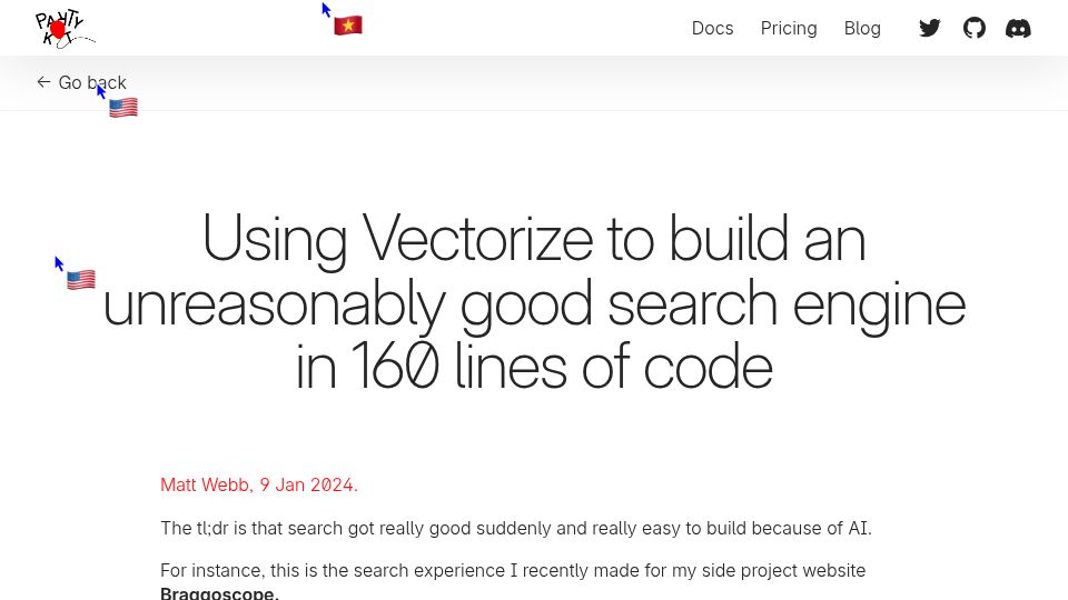 Screenshot of blog.partykit.io: Using Vectorize to build an unreasonably good search engine in 160 lines of code
