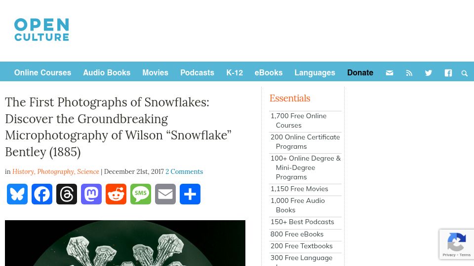 Screenshot of openculture.com: The First Photographs of Snowflakes Discover the Groundbreaking Microphotography (2017)