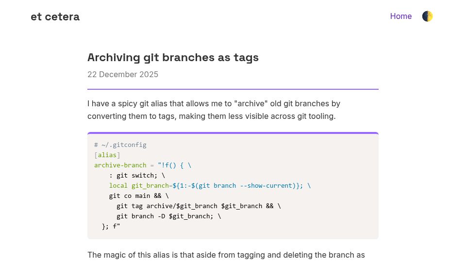 Screenshot of etc.octavore.com: Archiving Git branches as tags