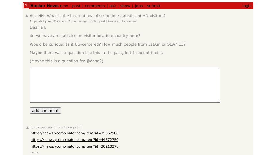 Screenshot of Hacker News post: Ask HN: What is the international distribution/statistics of HN visitors?