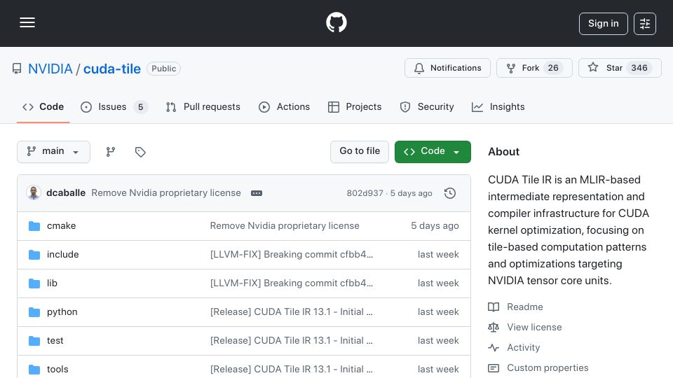 Screenshot of github.com: CUDA Tile Open Sourced