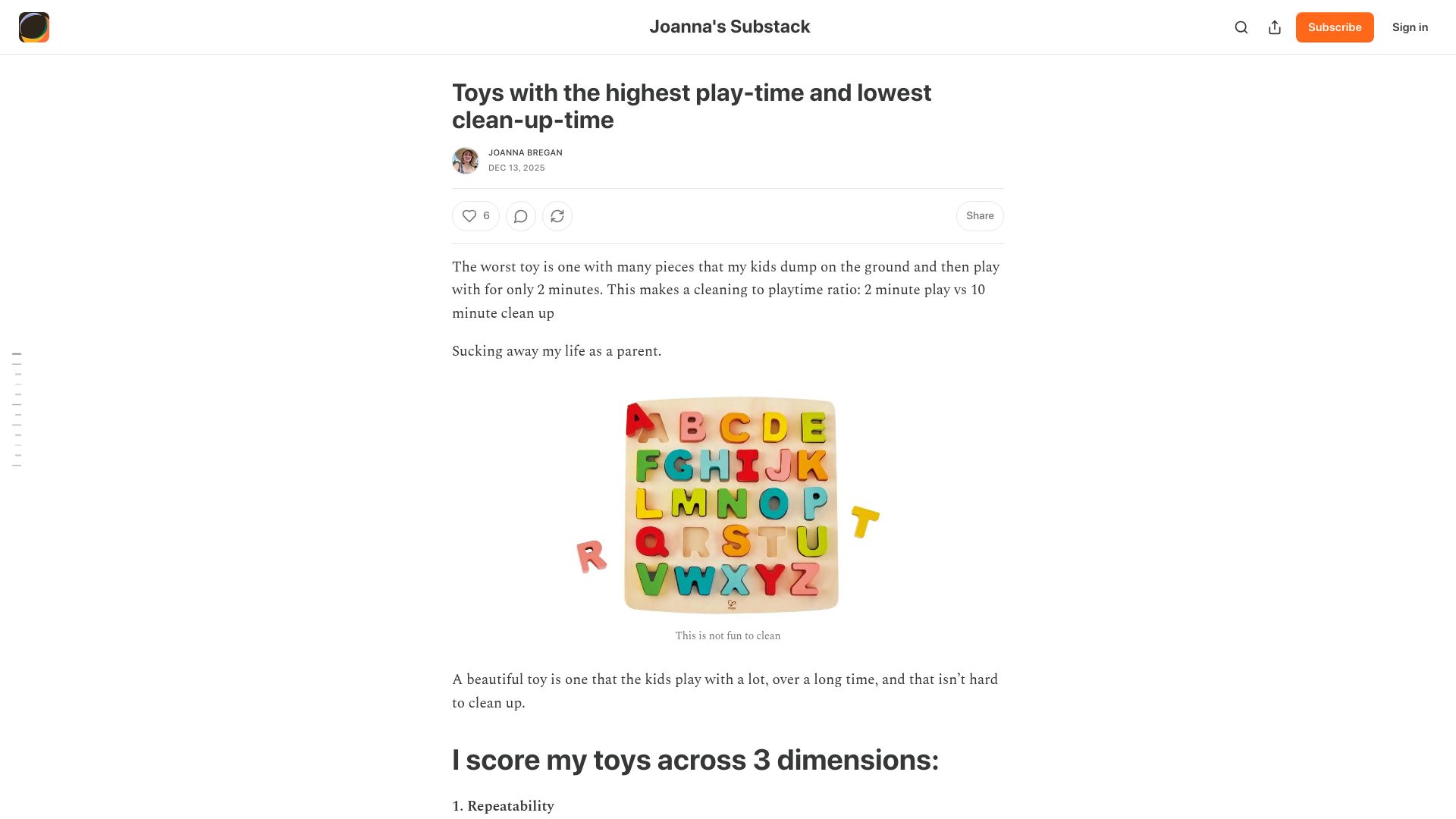 Screenshot of joannabregan.substack.com: Toys with the highest play-time and lowest clean-up-time